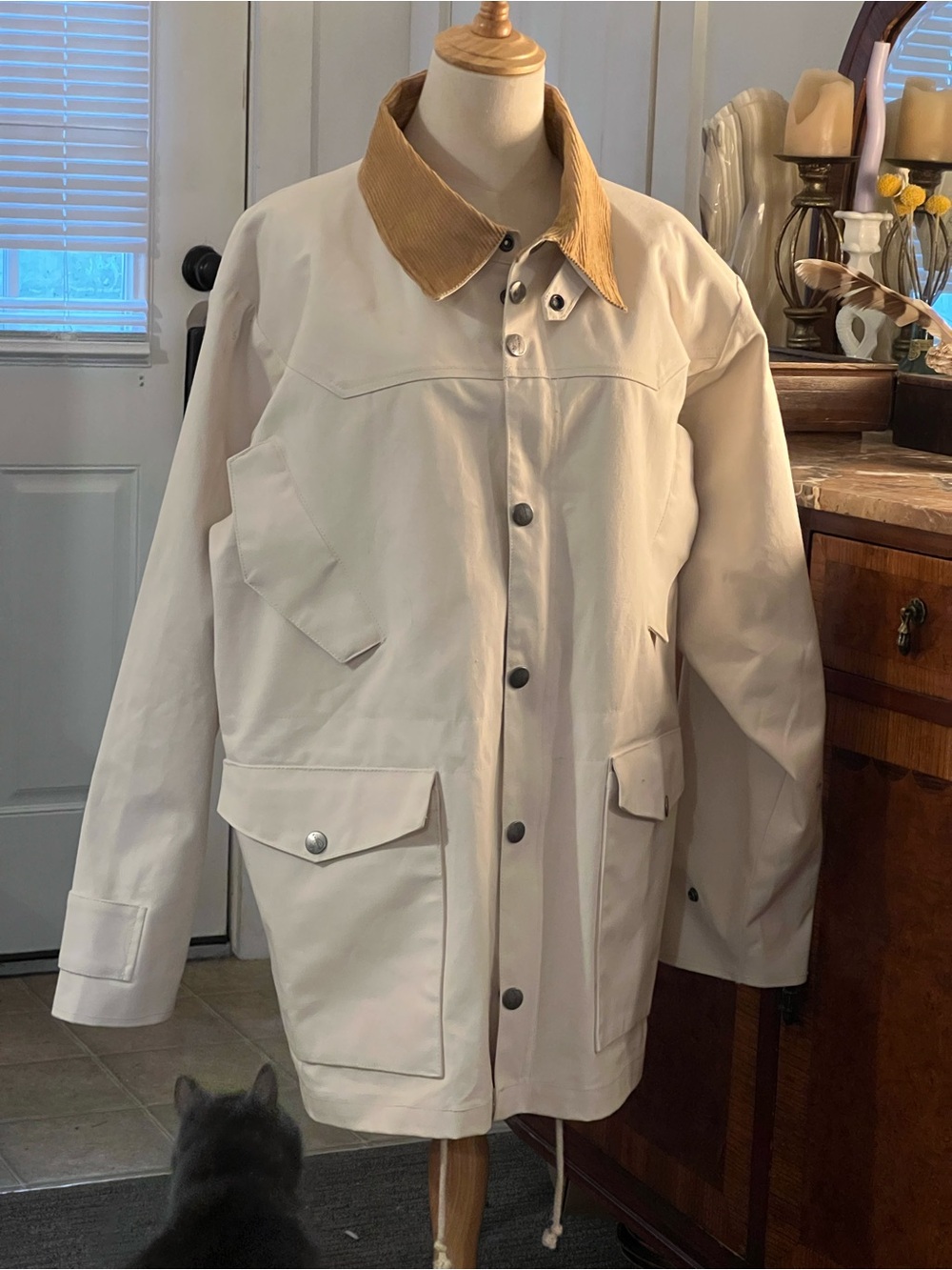 J Peterman Men’s Cream Chore Jacket with Tan Corduroy Collar